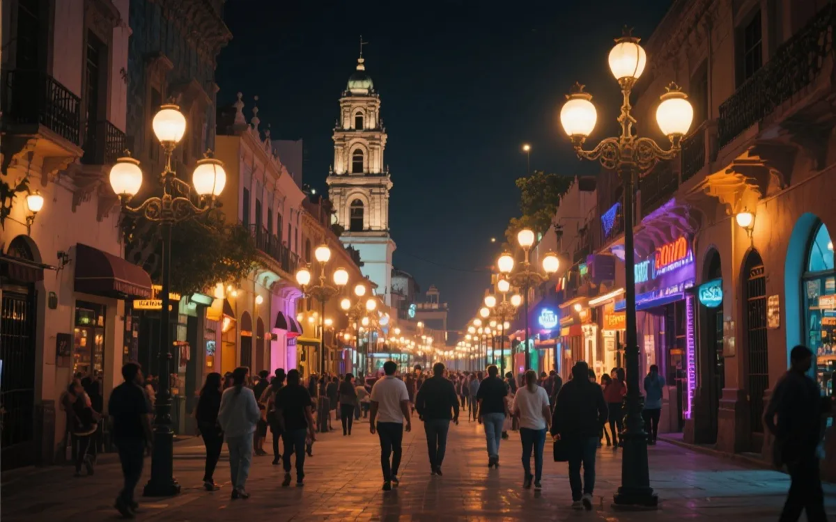瓜达拉哈拉夜生活街区的灯光与人群