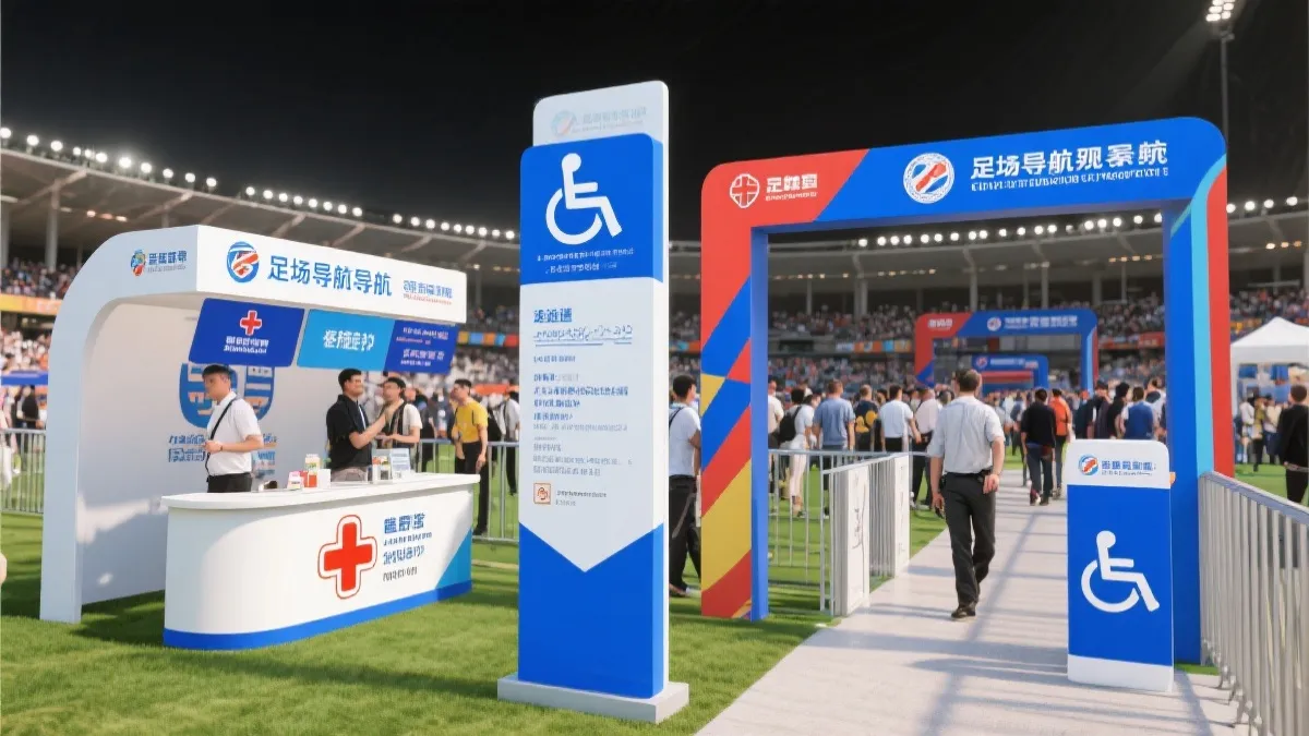球迷区示意：边缘区更宽松，通道清晰，信息台与医疗点标识醒目