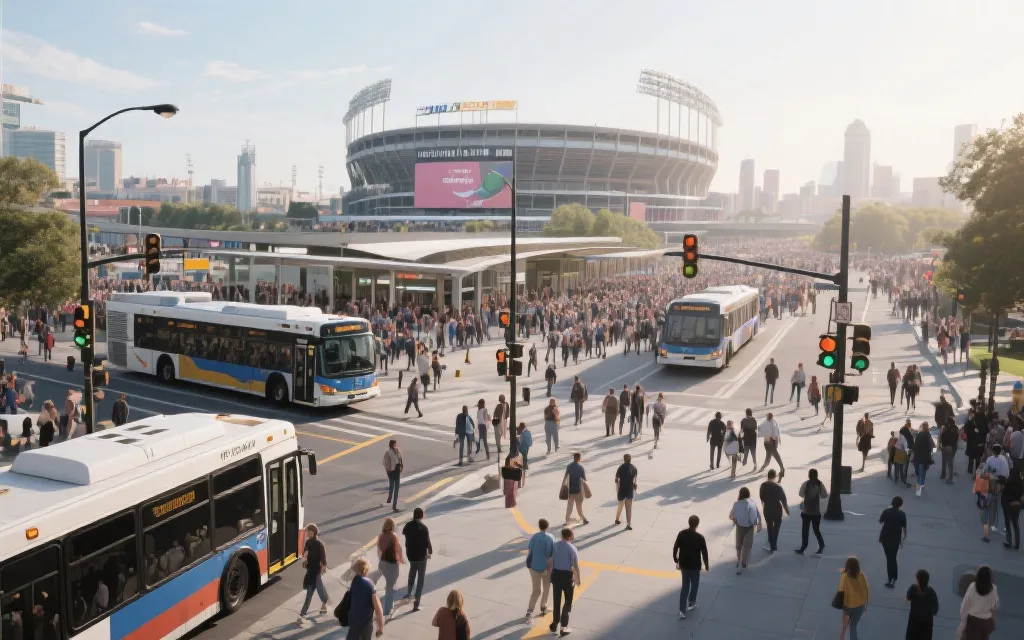 球场周边分区疏导与智能交通系统：人流通道、公交接驳点、信号优先